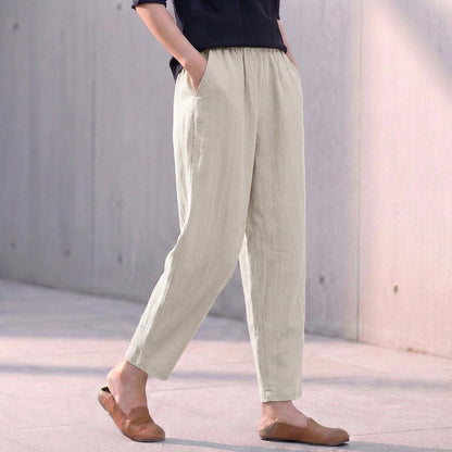 Women's Linen Pants Elastic Waist Side Pockets - VibreMode