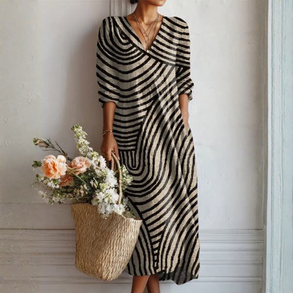 Women's Linen Midi Dress Abstract Print Pockets - VibreMode