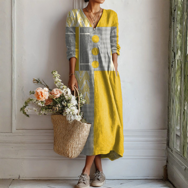 Women's Linen Midi Dress V Neck Patchwork Print - VibreMode