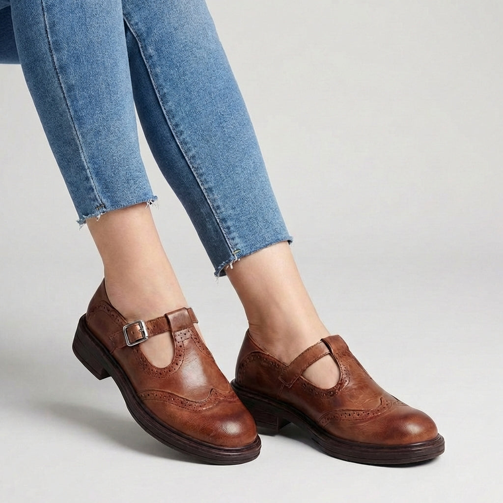 Women's T Strap Mary Jane Shoes Brogue Perforated - VibreMode