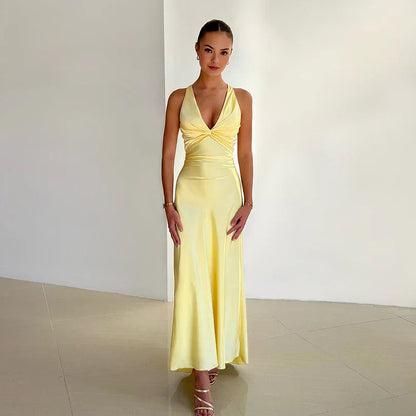 Women's Polyester Maxi Dress Halter Neck Open Back - VibreMode