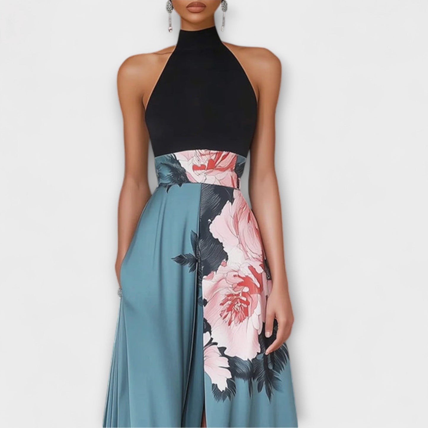 Women's Polyester Maxi Dress Halter Neck Front Slit - VibreMode