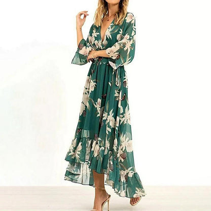 Women's Sheer Maxi Dress V Neck Ruffle Hem - VibreMode