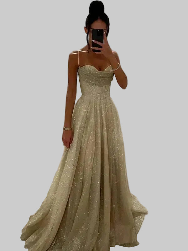 Women's Tulle Maxi Dress Sweetheart Neckline Spaghetti Straps - VibreMode