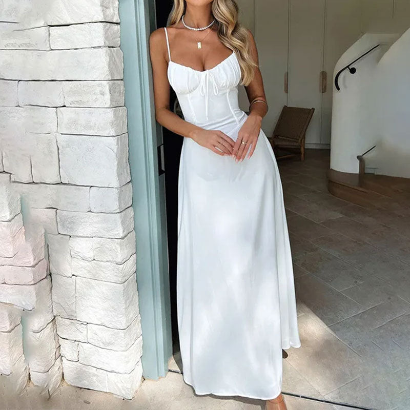 Women's Woven Maxi Dress Ruched Bodice Adjustable Straps - VibreMode