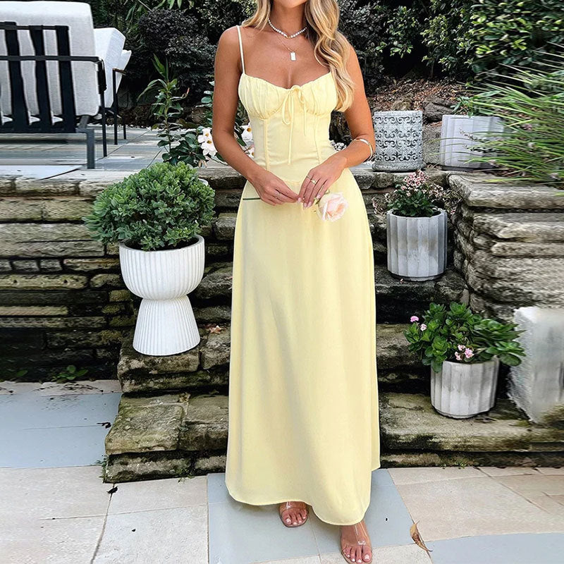 womens-maxi-dress-in-woven-material-with-ruched-bodice-and-straps-2