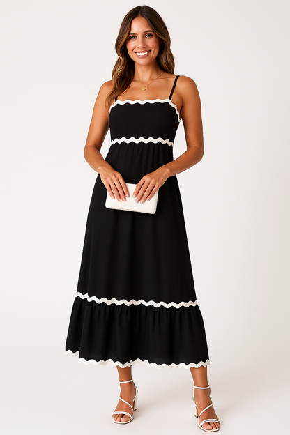 Women's Woven Maxi Dress Spaghetti Straps Ric Rac Trim - VibreMode