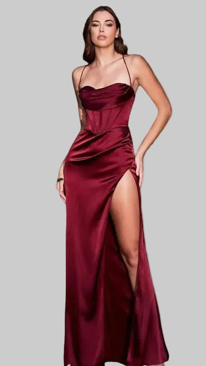 Women's Maxi Dress Draped Neckline High Slit - VibreMode