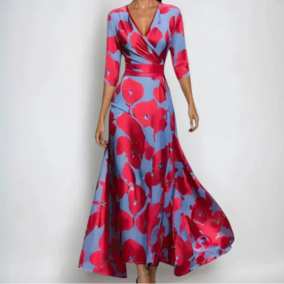 Women's Maxi Wrap Dress V Neck 3/4 Sleeves - VibreMode