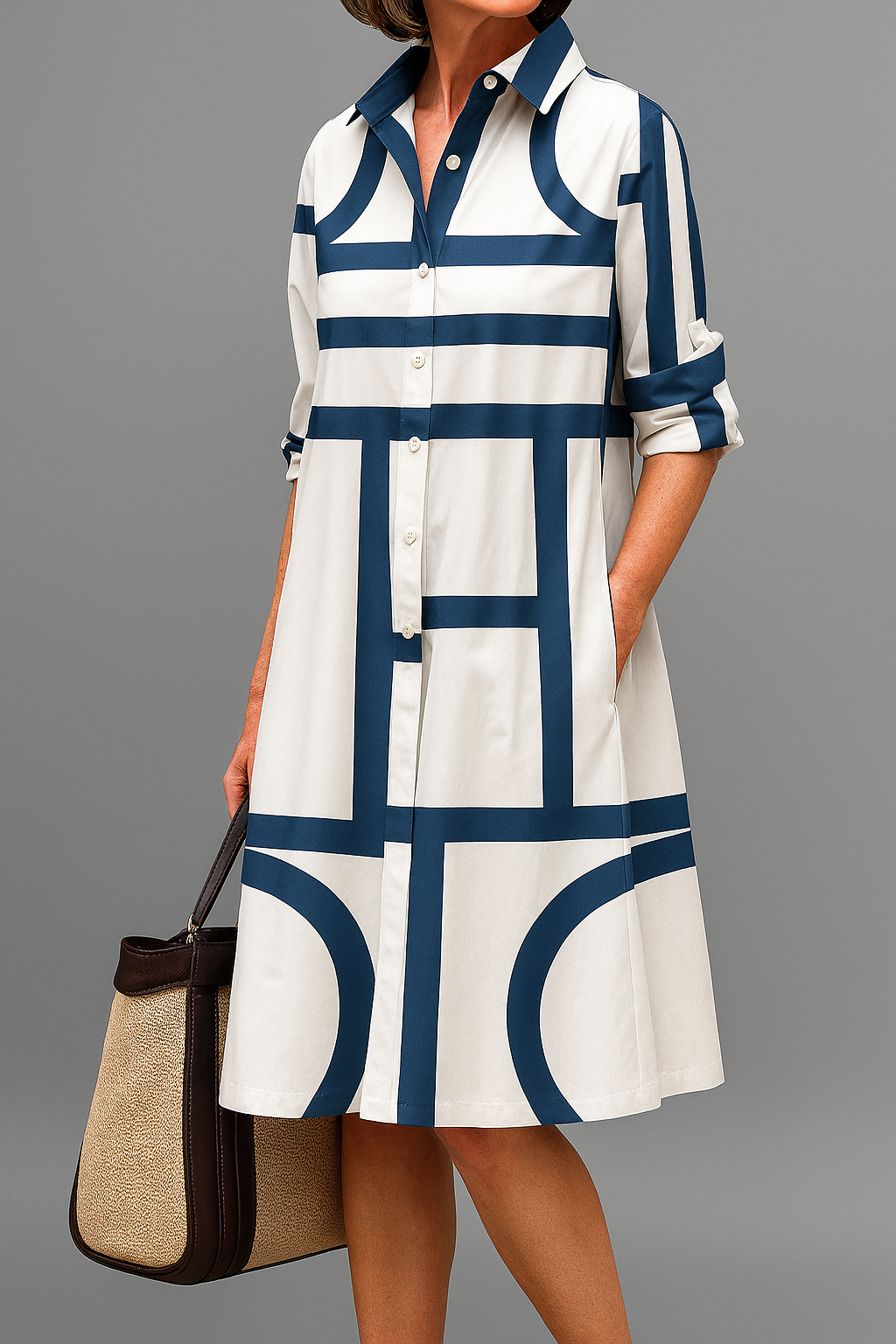 Women's Midi Collar Dress Button Front - VibreMode