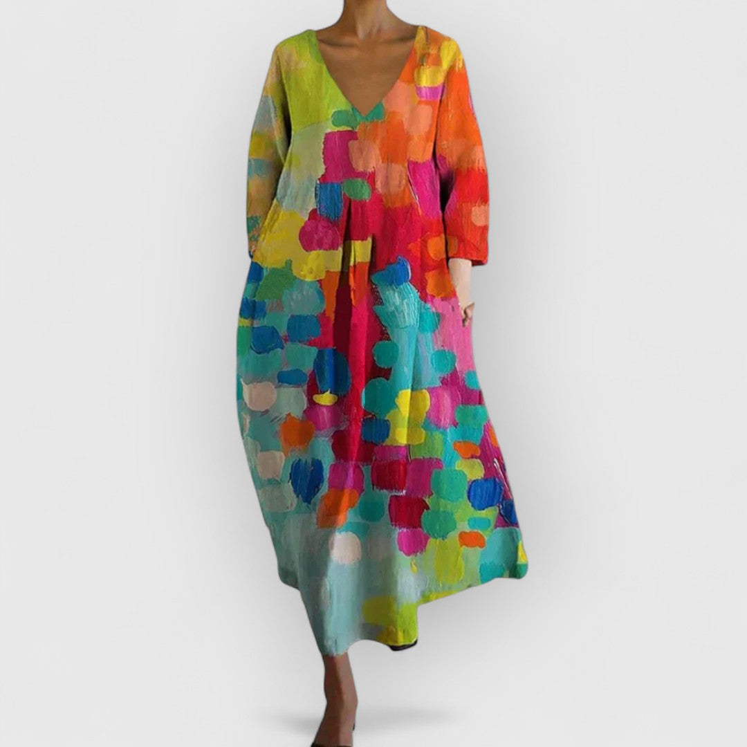 Women's V-Neck Midi Dress Long Sleeves - VibreMode