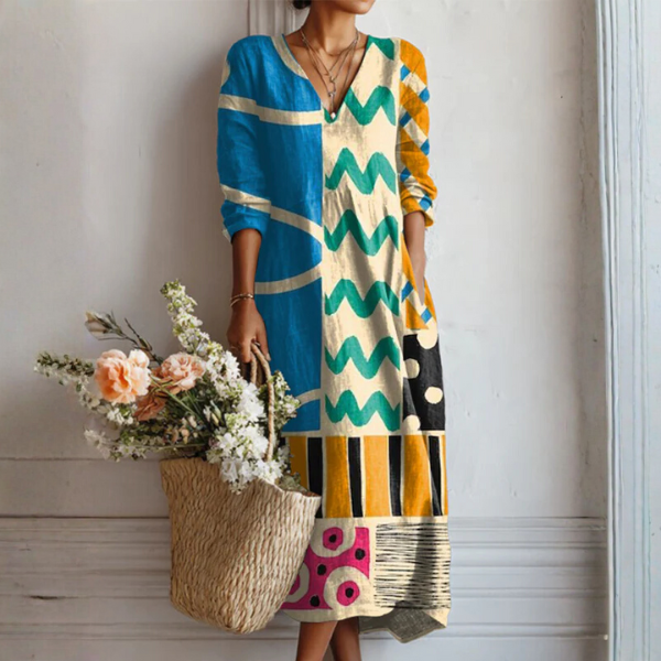 Women's Linen Midi Dress Abstract Print Side Pockets - VibreMode