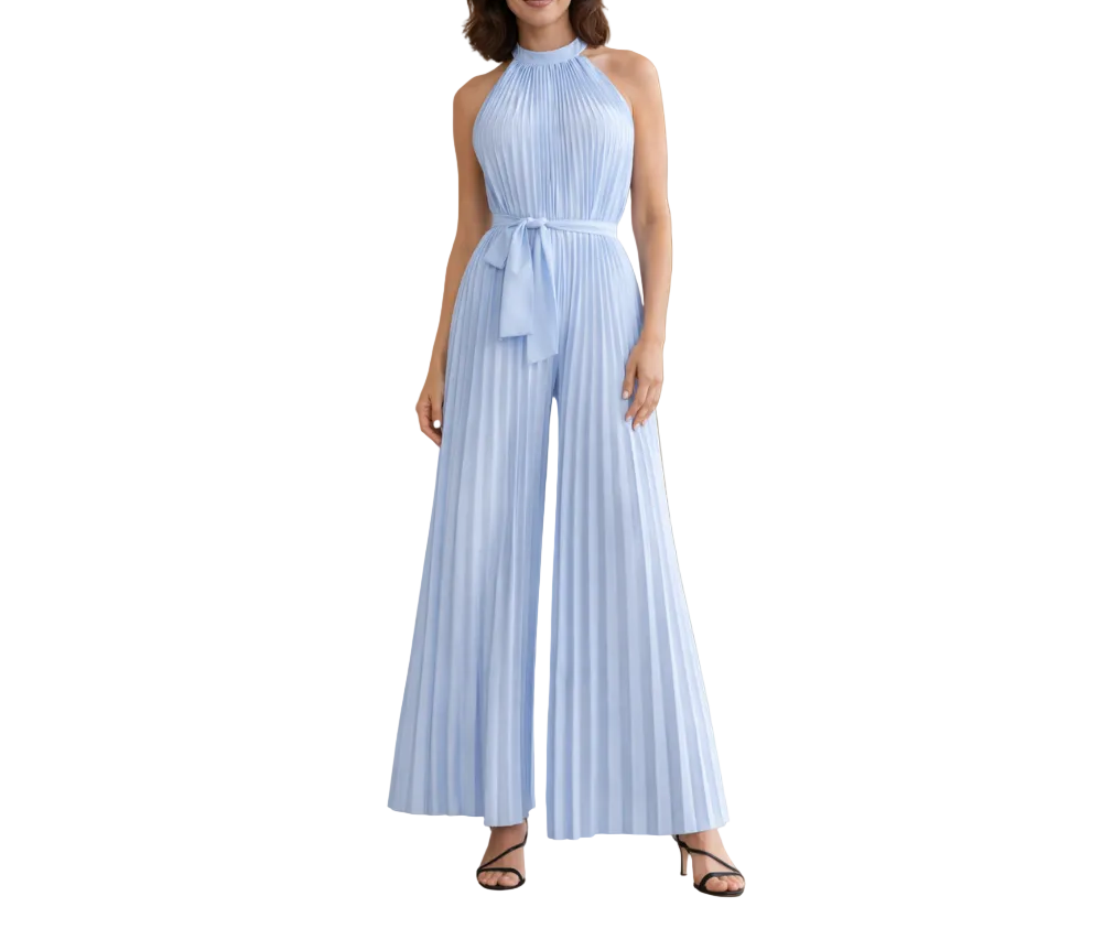 Women's Synthetic Pleated Jumpsuit Halter Neck Waist Tie - VibreMode
