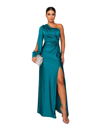 Women's Satin Maxi Dress One Shoulder Side Slit - VibreMode