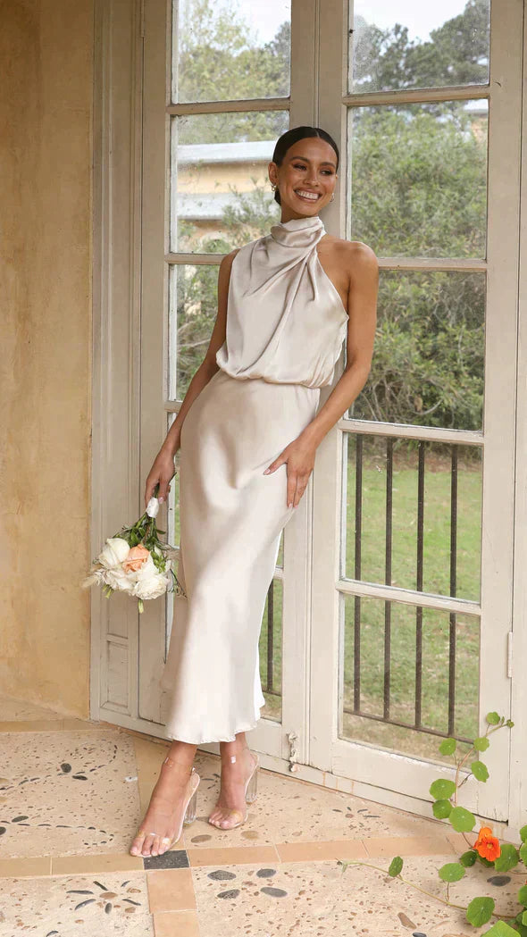 Women's Satin Halter Neck Midi Dress - VibreMode