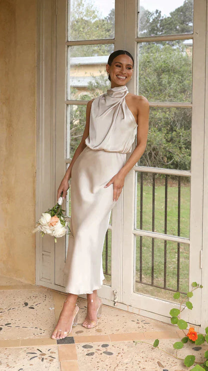 Women's Satin Halter Neck Midi Dress - VibreMode