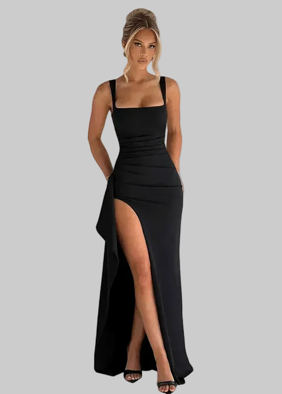 Women's Synthetic Maxi Dress Sleeveless Square Neck Black - VibreMode
