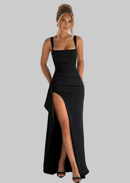 Women's Synthetic Maxi Dress Sleeveless Square Neck Black - VibreMode