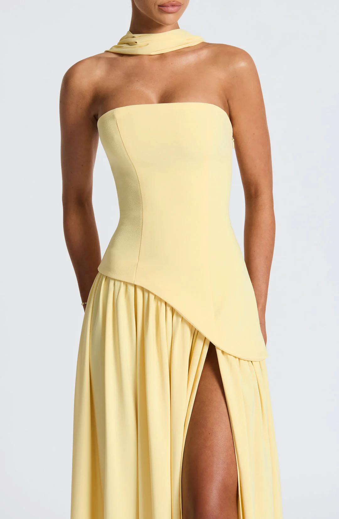 womens-strapless-woven-maxi-dress-with-side-slit-and-scarf-4