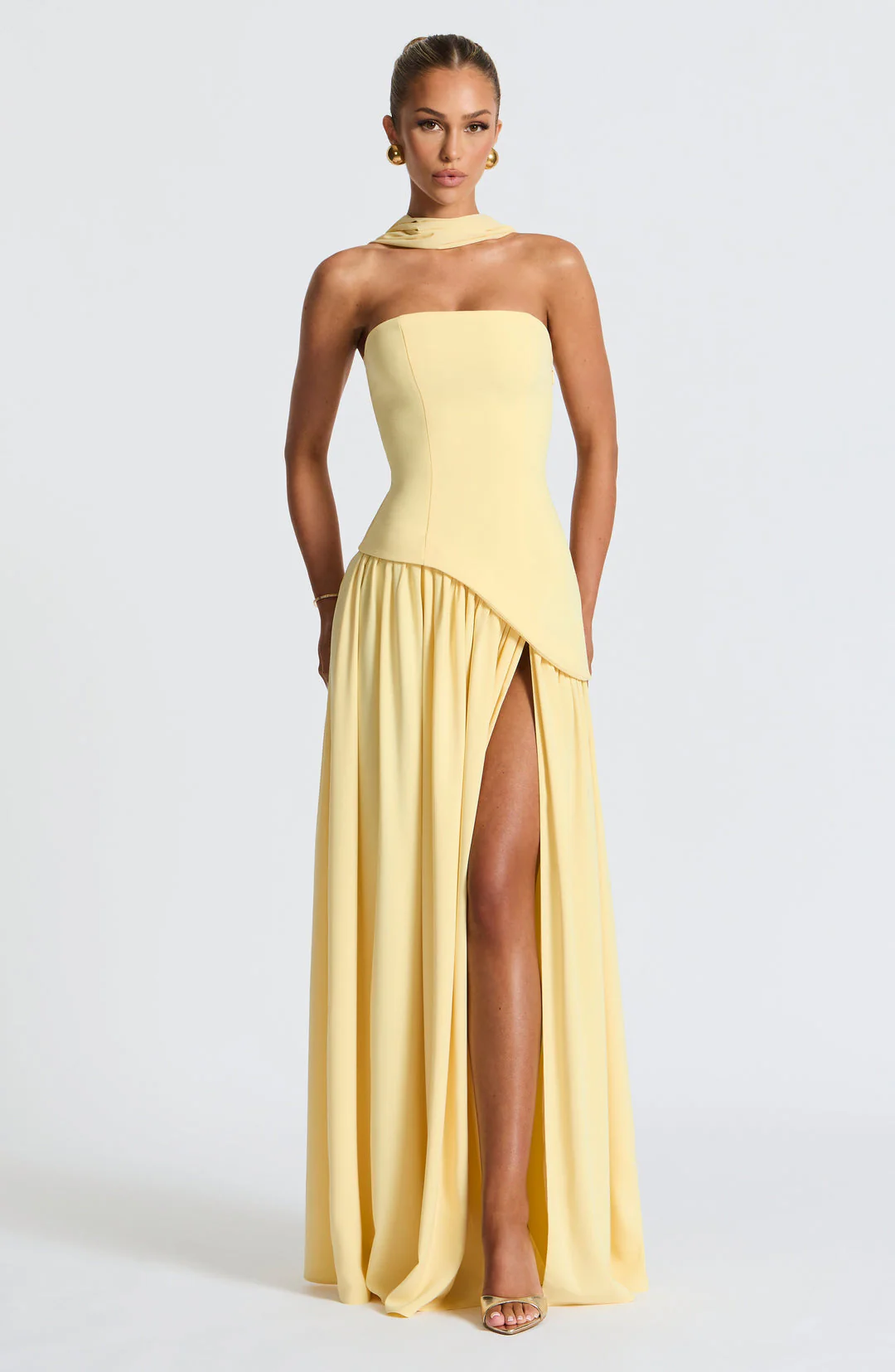 womens-strapless-woven-maxi-dress-with-side-slit-and-scarf-5