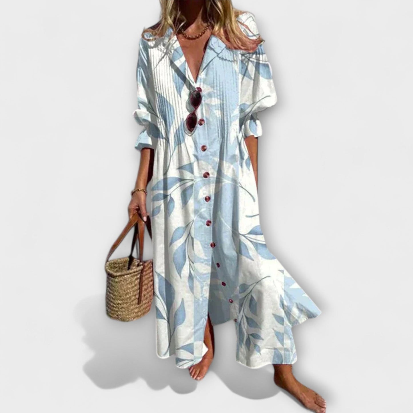 Women's Woven Maxi Dress V Neck Button Front - VibreMode