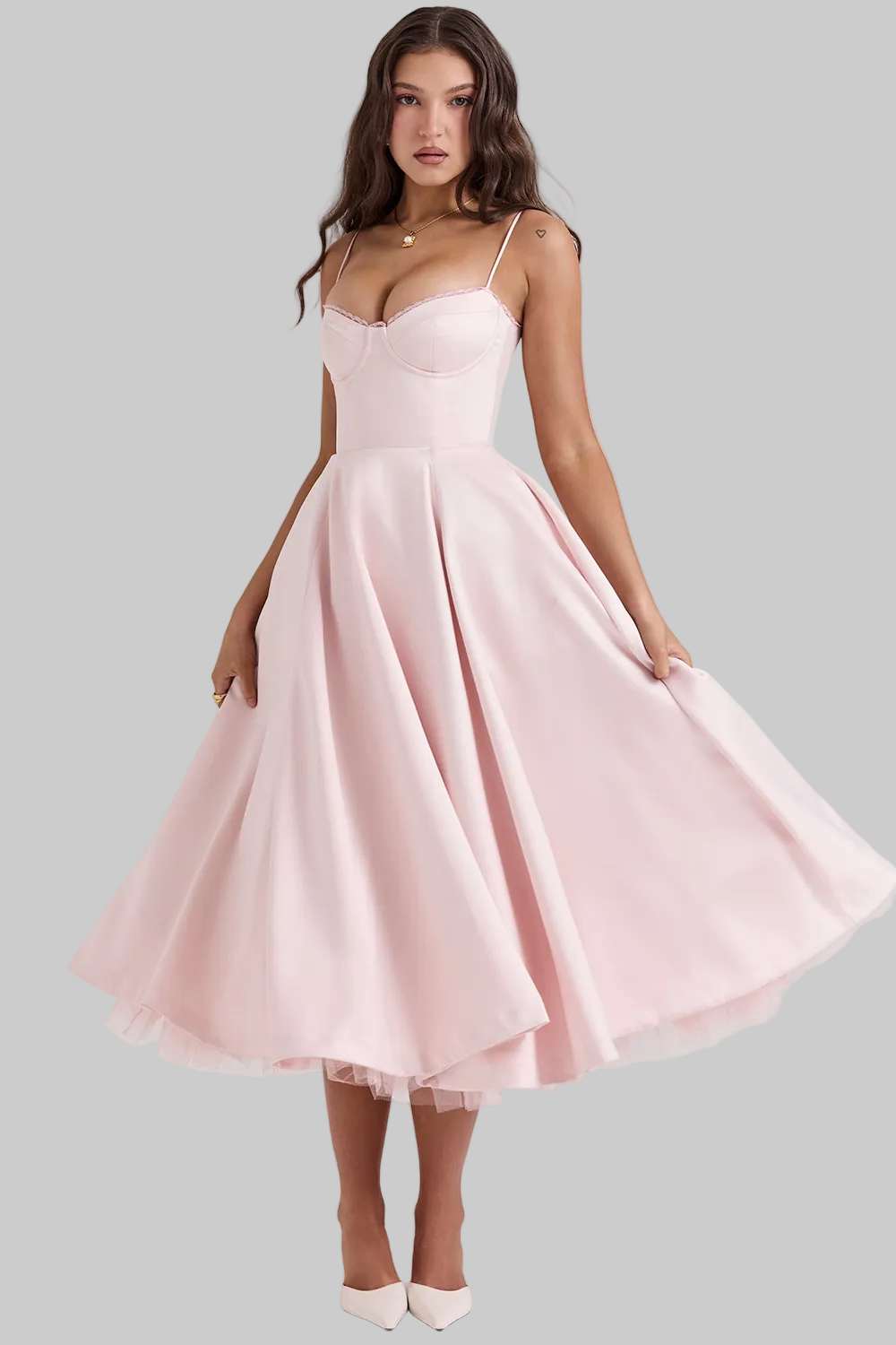 Women's Woven Midi Dress Tulle Sweetheart Neckline - VibreMode