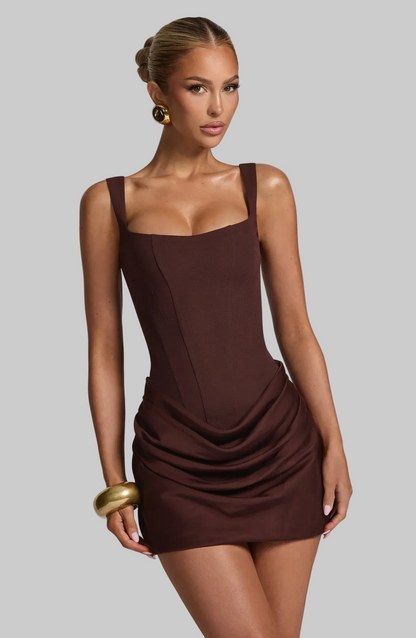 Women's Woven Mini Dress Square Neck Lace Up Back - VibreMode