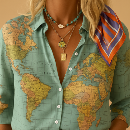World map print blouse for women with a half button closure and lightweight fit, suitable for travel outfits, casual wear, and work looks.