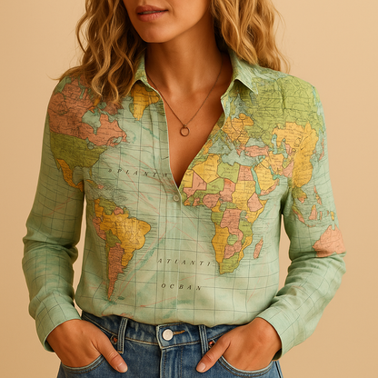 Women's World Map Print Blouse - VibreMode