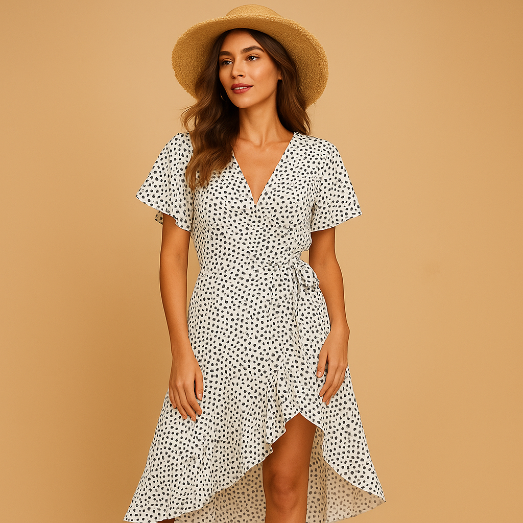 Wrap summer dress for women with V-neck, adjustable waist, and asymmetrical hem, perfect for vacations, garden parties, and warm summer days.
