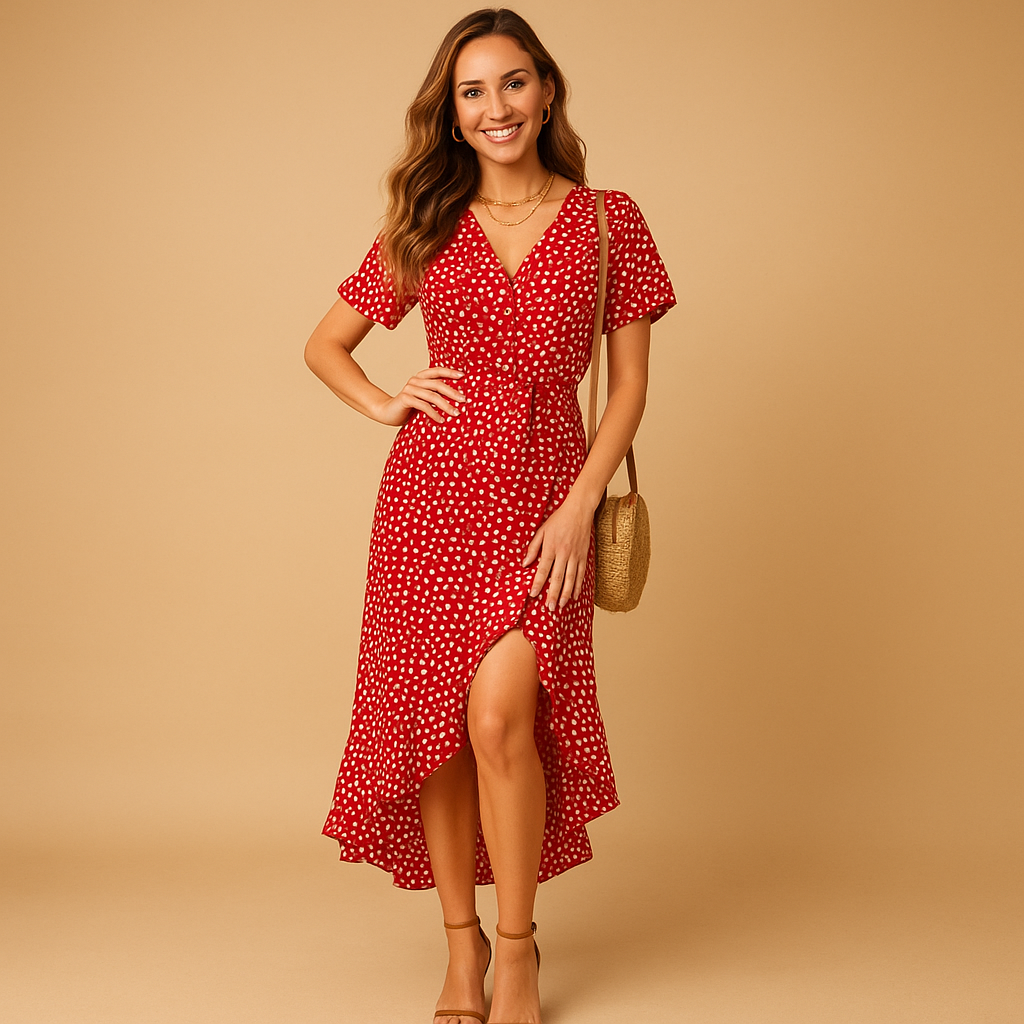 Wrap summer dress for women with V-neck, adjustable waist, and asymmetrical hem, perfect for vacations, garden parties, and warm summer days.