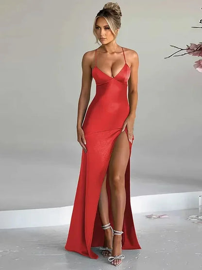 Women's Halter Neck Maxi Dress High Slit Evening Black