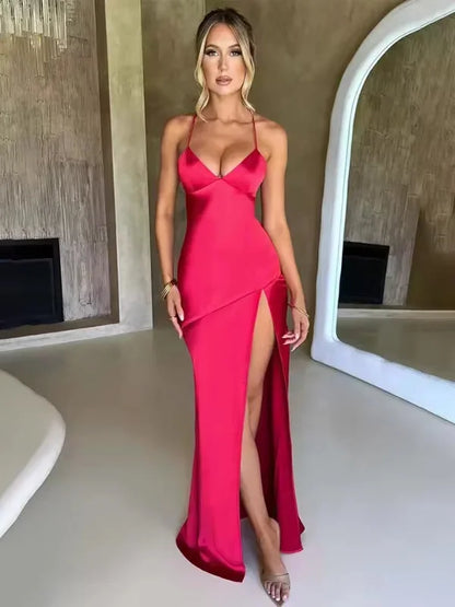 Women's Halter Neck Maxi Dress High Slit Evening Black