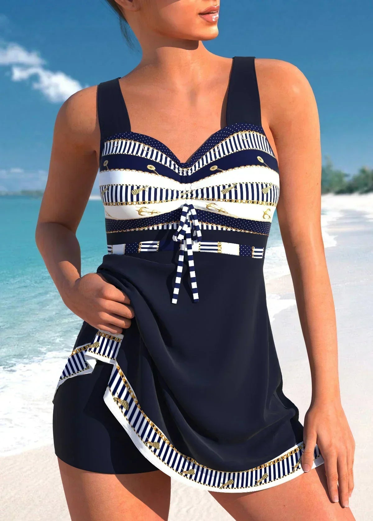 Women's Striped Swim Dress Sweetheart Neckline - VibreMode