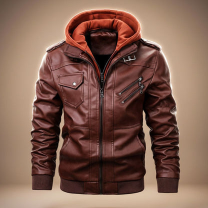 Classic Faux Leather Hoodie Jacket - VibreMode