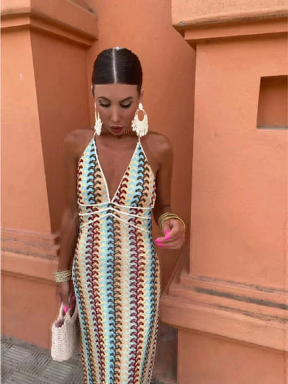 Women's Chevron Halter Maxi Dress With Waist Tie