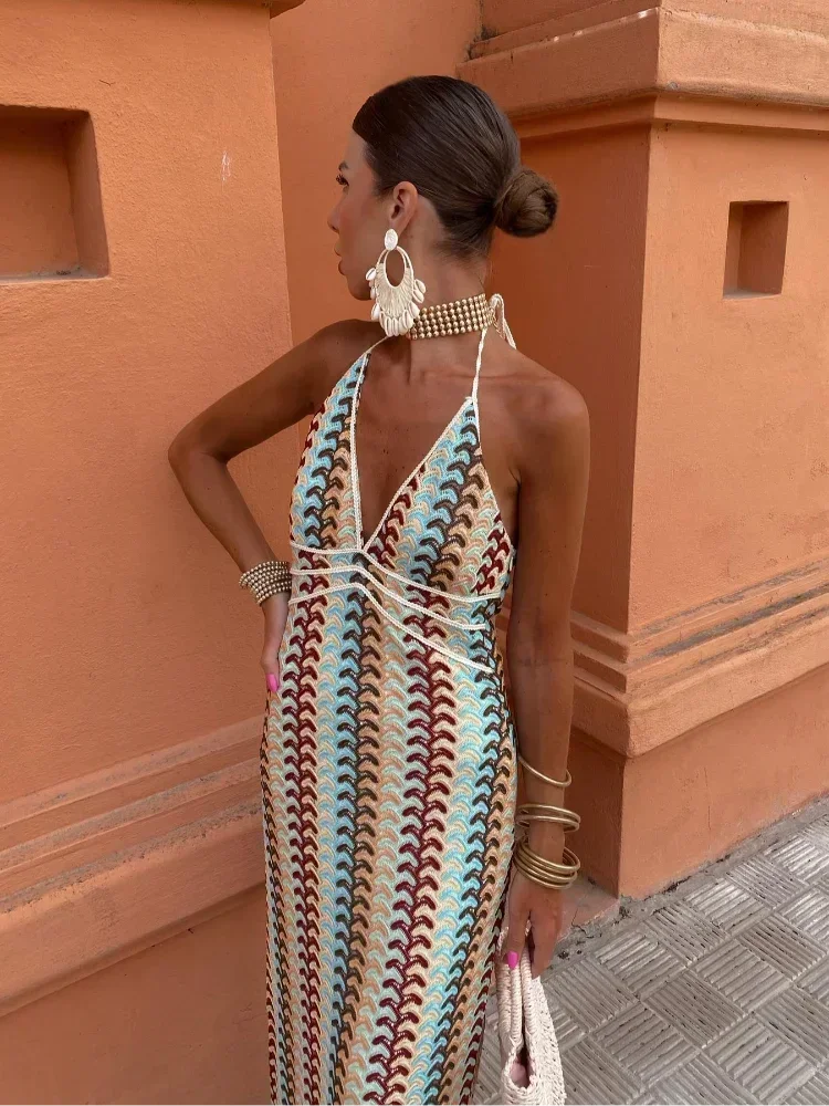 Women's Chevron Halter Maxi Dress With Waist Tie