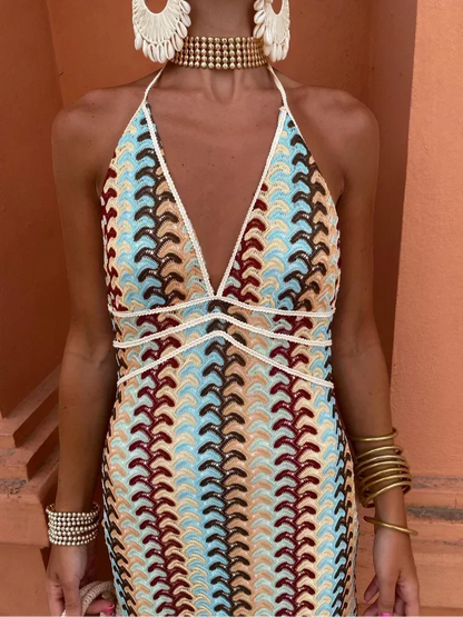 Women's Chevron Halter Maxi Dress With Waist Tie