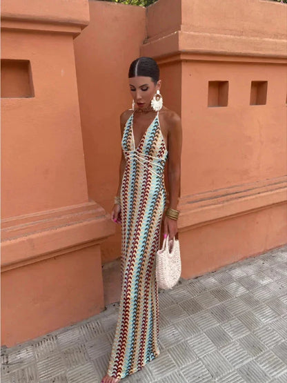Women's Chevron Halter Maxi Dress With Waist Tie