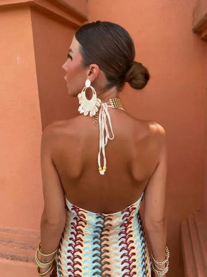 Women's Chevron Halter Maxi Dress With Waist Tie