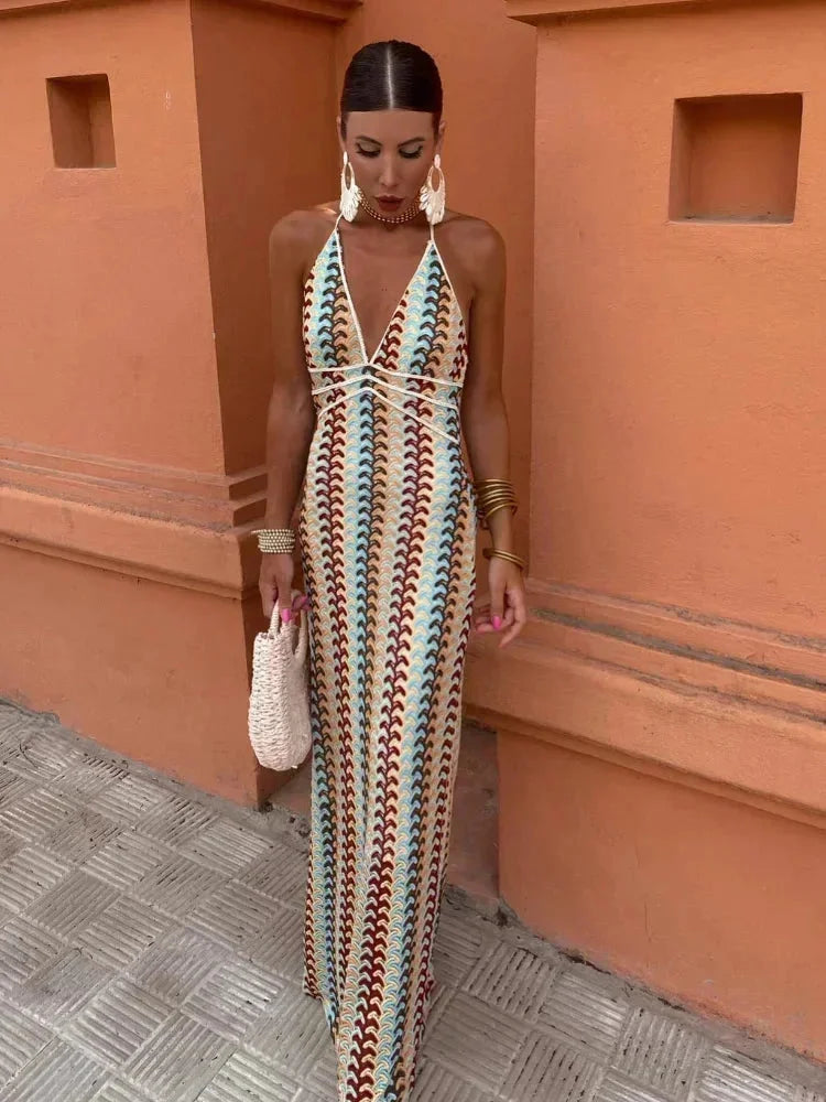 Women's Chevron Halter Maxi Dress With Waist Tie - VibreMode