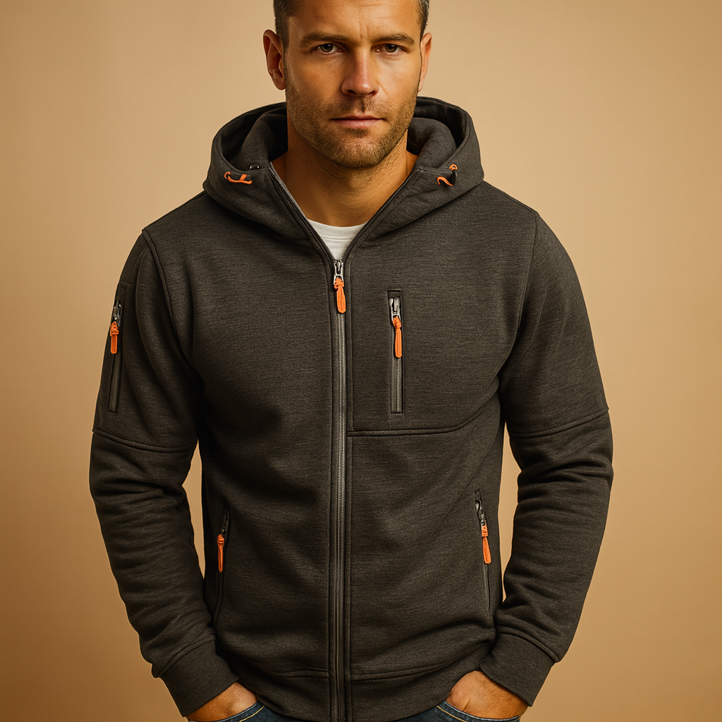 Men’s zip-up hooded sweatshirt in breathable fabric, ideal for casual and sporty outfits during autumn and winter.