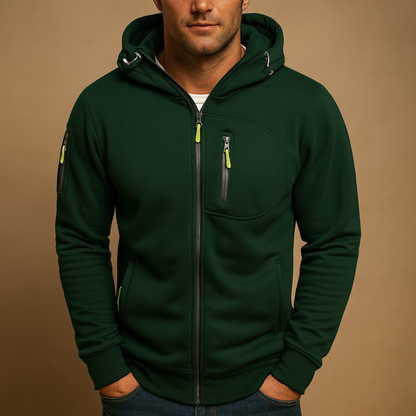 Men’s zip-up hooded sweatshirt in breathable fabric, ideal for casual and sporty outfits during autumn and winter.