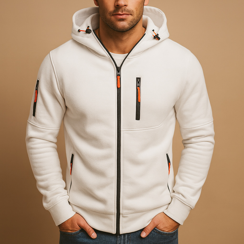 Men’s zip-up hooded sweatshirt in breathable fabric, ideal for casual and sporty outfits during autumn and winter.