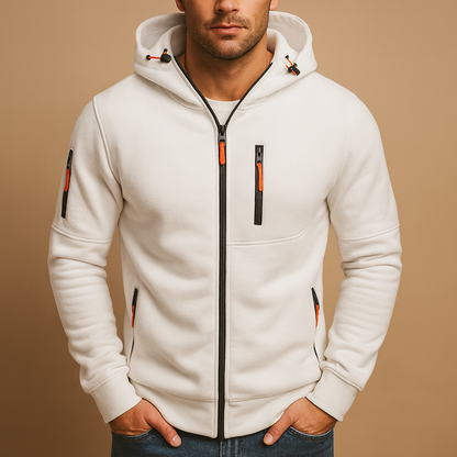 Men’s zip-up hooded sweatshirt in breathable fabric, ideal for casual and sporty outfits during autumn and winter.